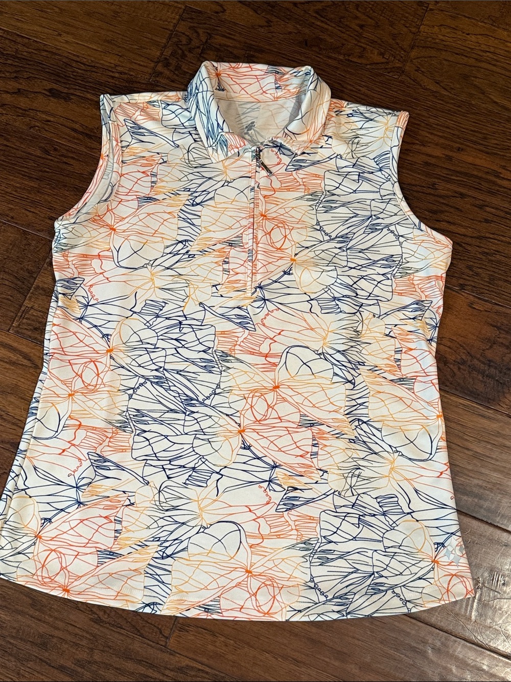 Jofit Sleeveless Polo Tank Top - White with Navy and Orange Floral Print